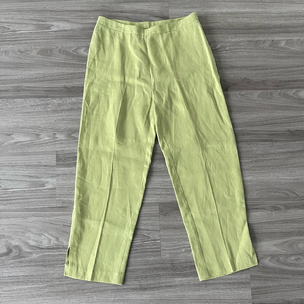 John Paul Richard Size 4P Linen Cropped Pants Pull-On Lime Green Slit Hem